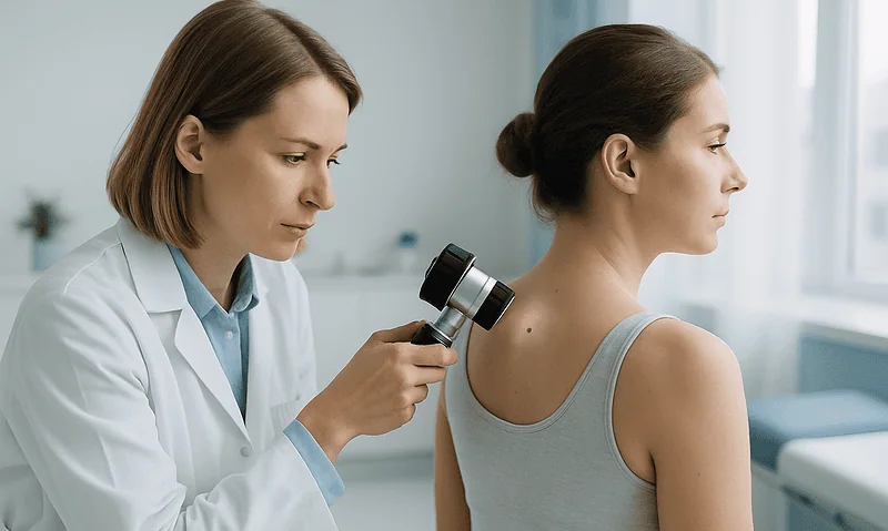 Doctor examining patient's skin with dermatoscope in clinic.