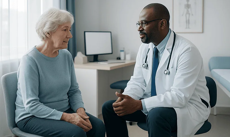 Doctor consulting with elderly woman in a medical office.