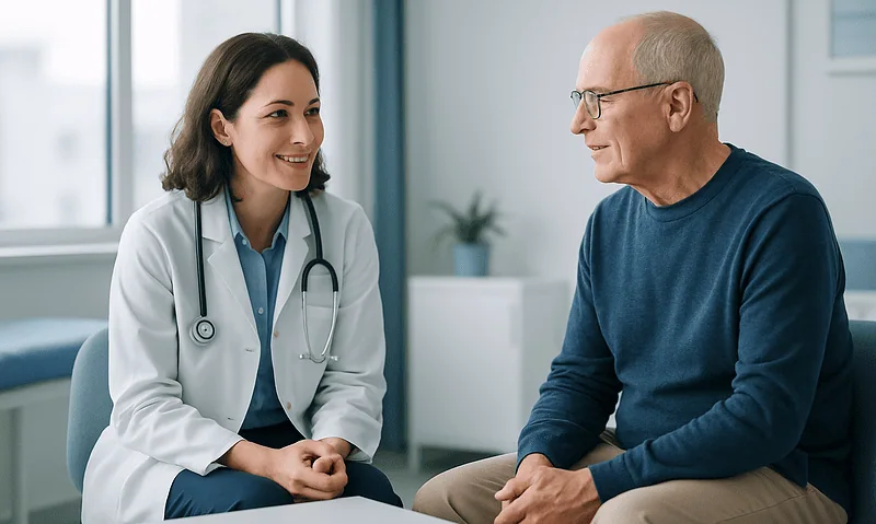 Doctor consulting with an elderly patient in a medical office.