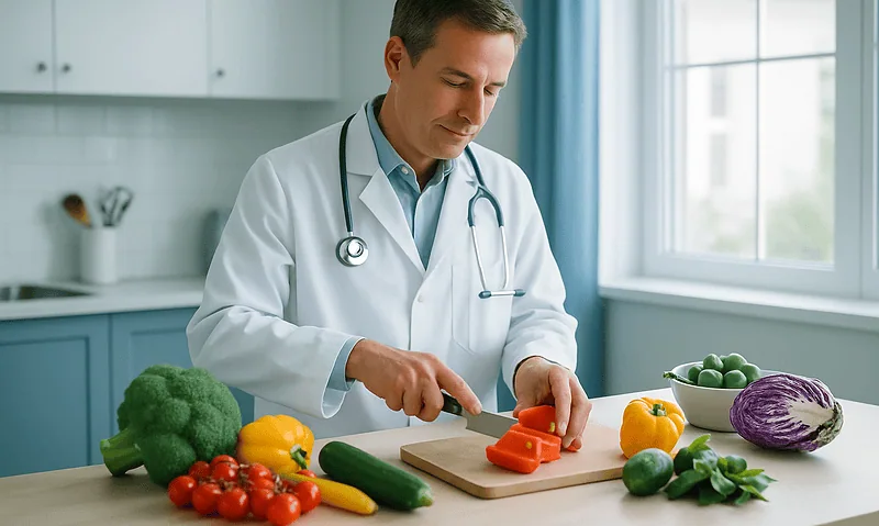 Doctor preparing healthy vegetables in a modern kitchen for TMJ-friendly diet.