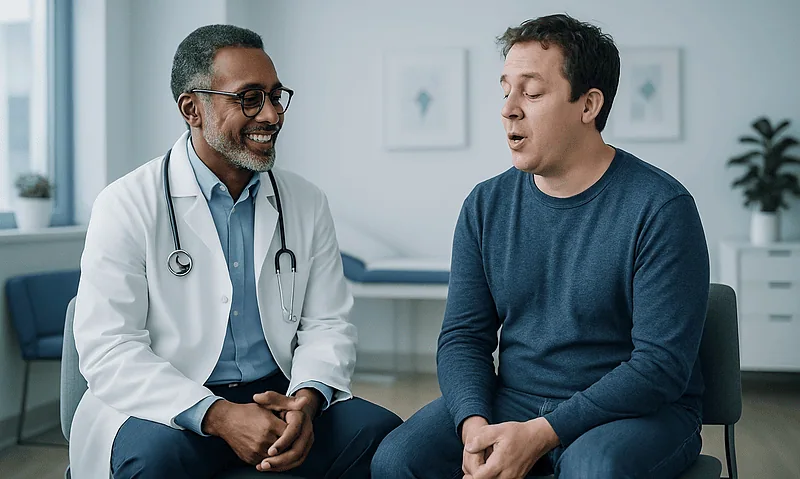 Doctor and patient having a consultation in a medical office.
