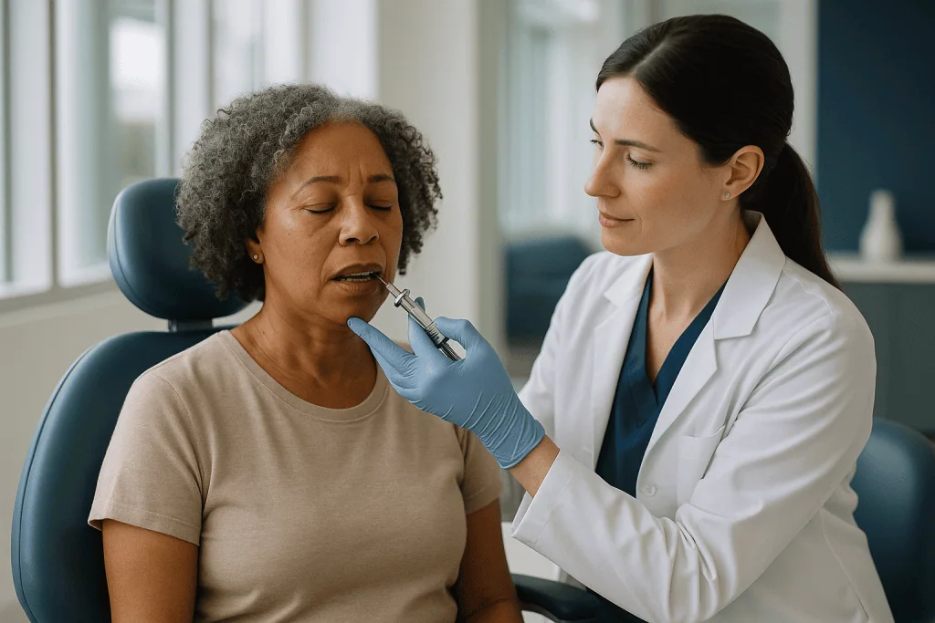 Doctor examining patient's throat with otoscope: Local anesthesia for scaling and root planing: what it does and how long it