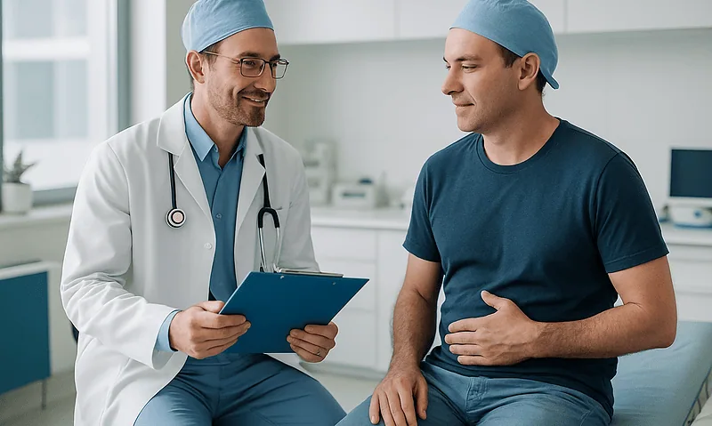 Doctor consulting with patient in a medical clinic setting.