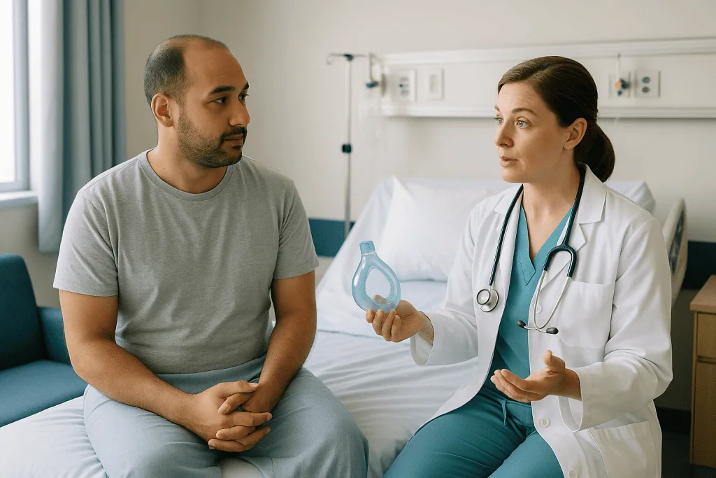 Doctor consulting male patient in hospital room: Local, sedation or general anesthesia: what each option means in plain lang