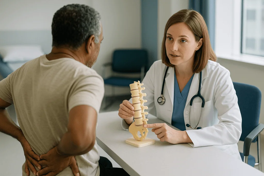 Doctor explaining spine model to patient in consultation: Location matters: central, paracentral, foraminal and far-lateral 