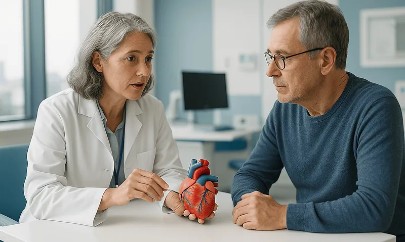Doctor explaining heart condition with a model of the heart to a patient.