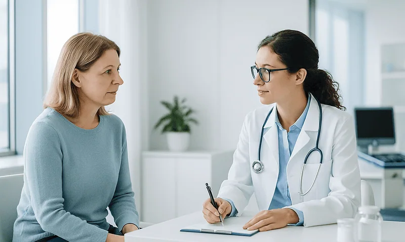 Doctor consulting with a female patient in a modern clinic setting.