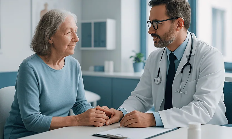 Doctor consulting with elderly woman in a medical office.