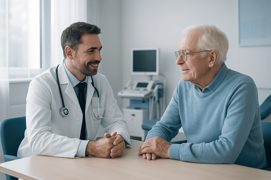 Longevity 1 Doctor consulting with elderly patient in a modern hospital room.