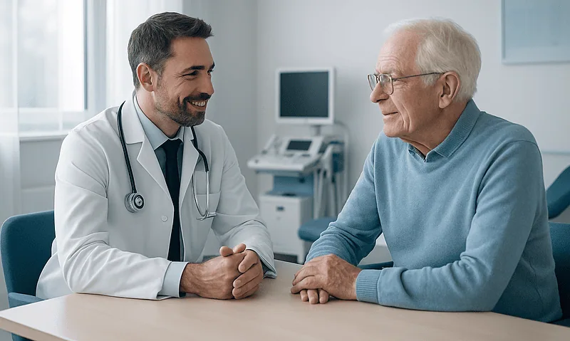 Doctor consulting with elderly patient in a modern hospital room.