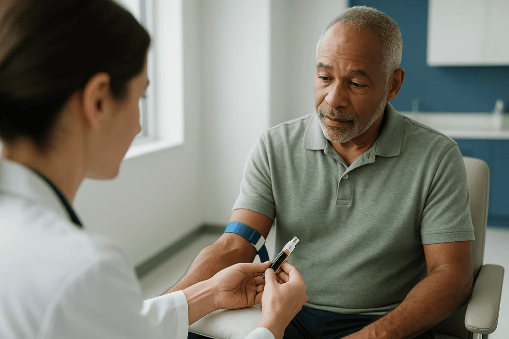 Healthcare provider taking blood sample from male patient: Longevity blood tests: which ones carry real evidence?