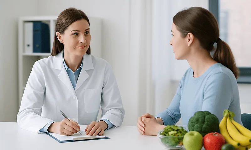 Doctor consulting with patient about health and nutrition.