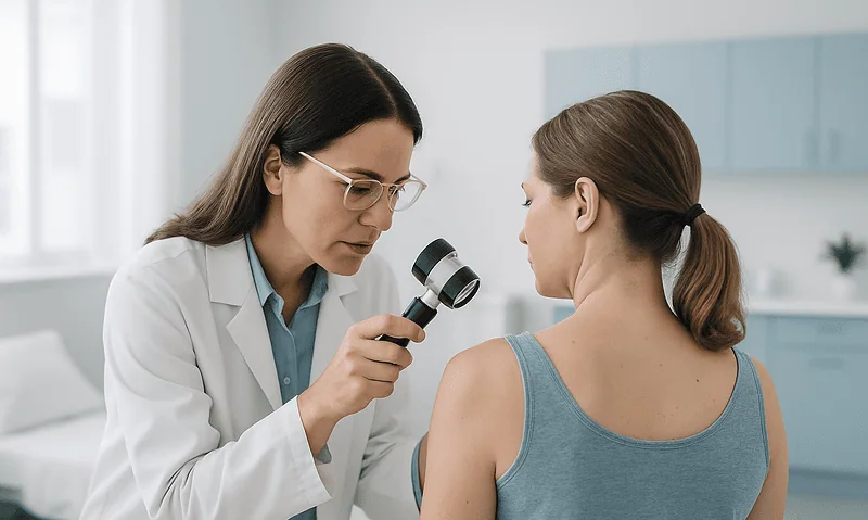 Doctor examining a patient's skin with a dermatoscope in a clinical setting.