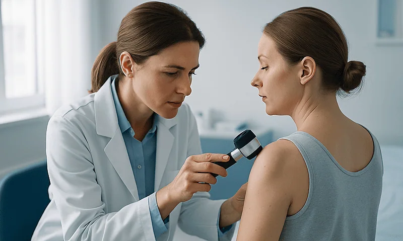 Doctor examining a patient's skin with a dermatoscope in a clinical setting.
