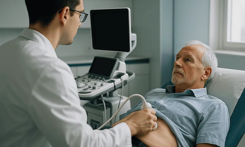 Doctor performing an ultrasound exam on an elderly male patient in hospital.