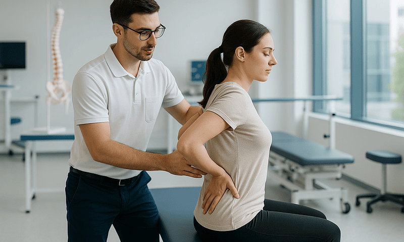 Physiotherapist examining a woman's lower back in a clinical setting.