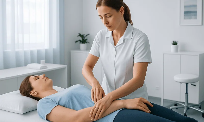Nurse examining a patient lying in a hospital bed.