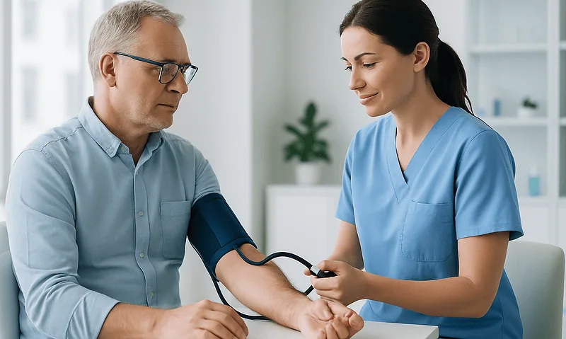 Doctor measuring blood pressure of a pregnant woman in a clinic.