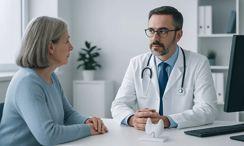 Doctor consulting with an elderly woman in a medical office.