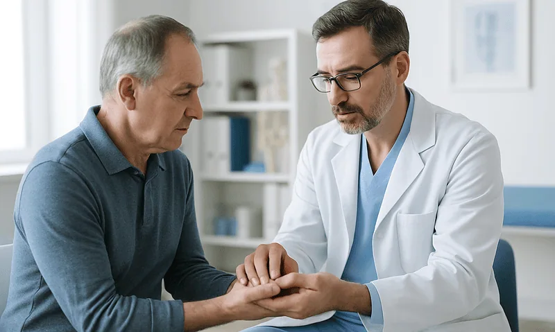 Doctor examining elderly patient's hand in a medical consultation room.