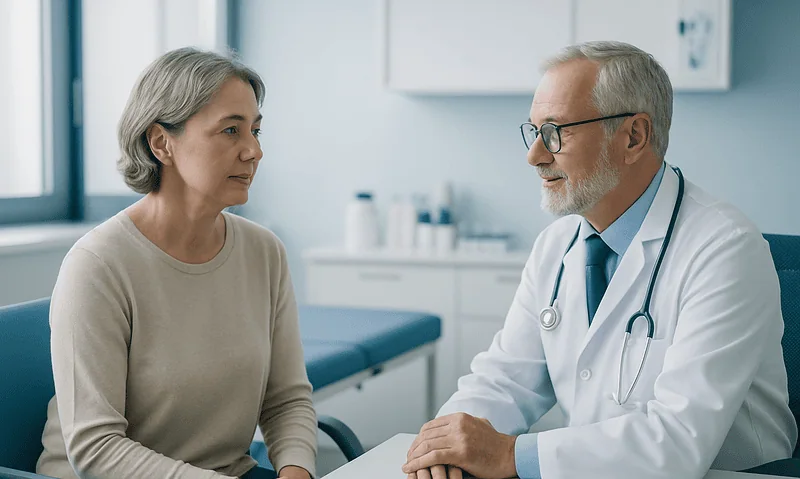 Doctor consulting with an elderly female patient in a medical office.