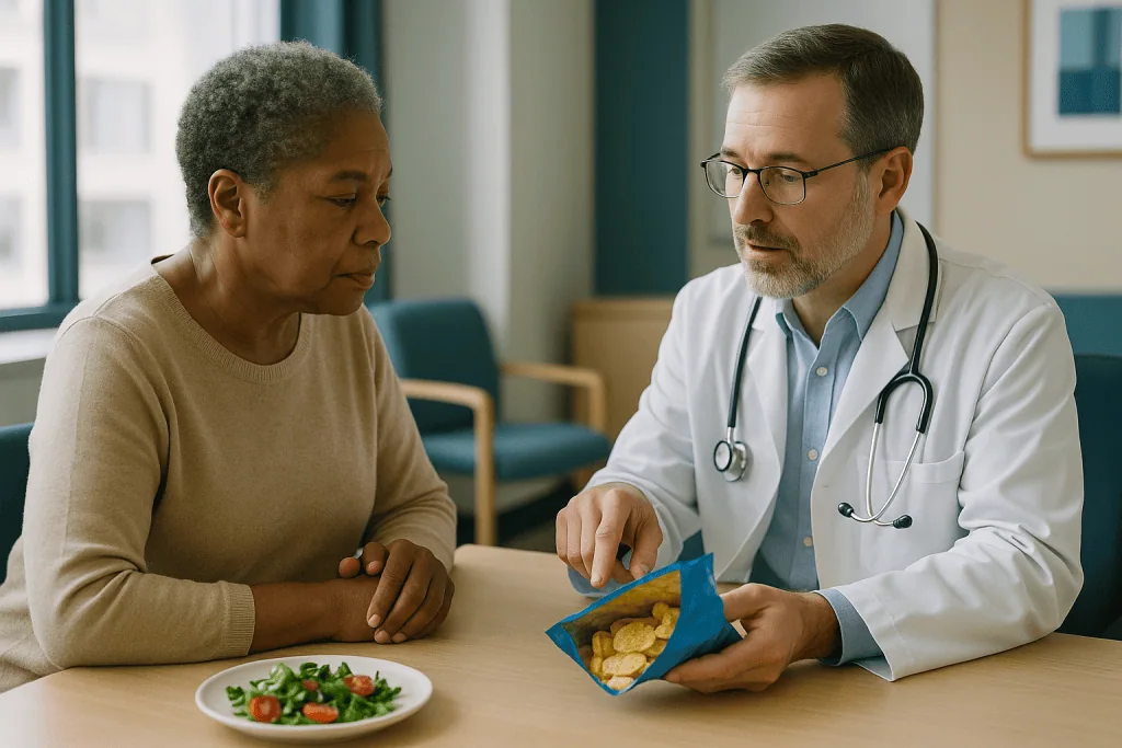 Doctor discussing food choices with adult patient: Low sodium diet for kidney disease: where the salt actually hides