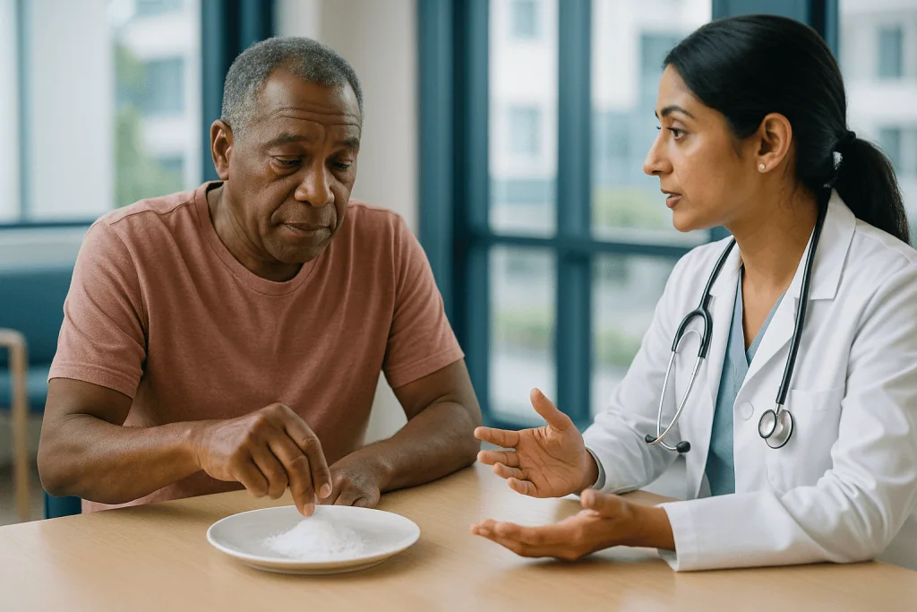 Doctor consulting senior patient about diet and nutrition: Low sodium diet for kidney disease: why salt is the first lever