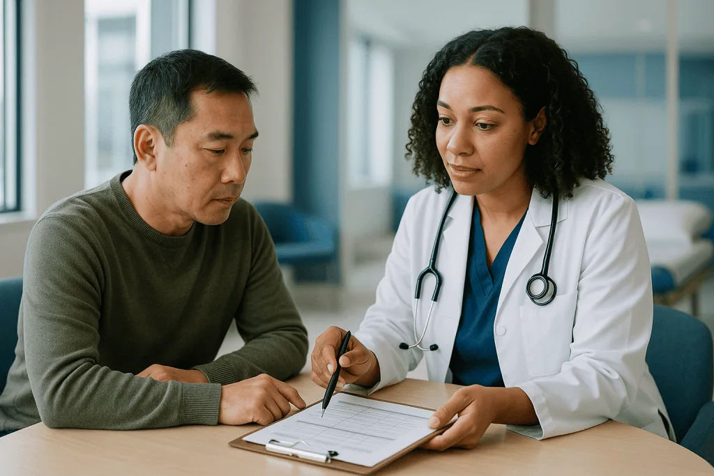 Doctor consulting with male patient over medical form — Low-titer vs high-titer inhibitor in hemophilia: a summary table