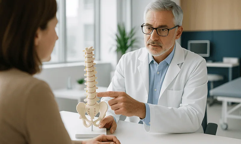 Doctor explaining lumbar spine model to patient in a medical consultation room.