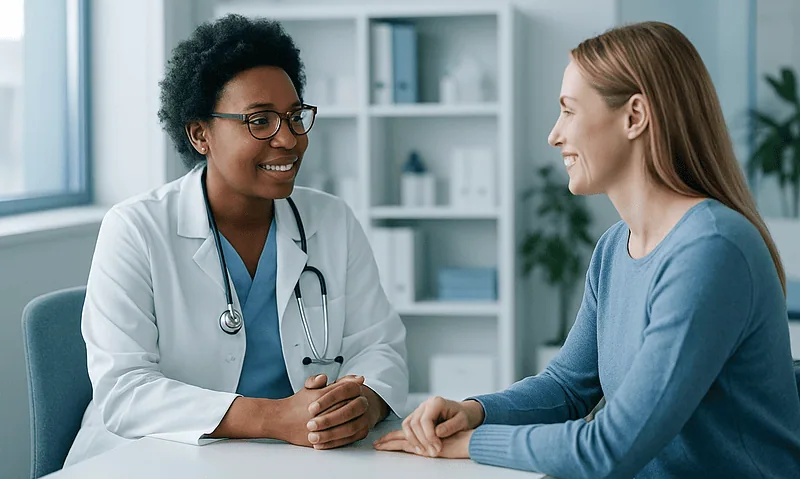 Female patient consulting with a doctor in a medical office.