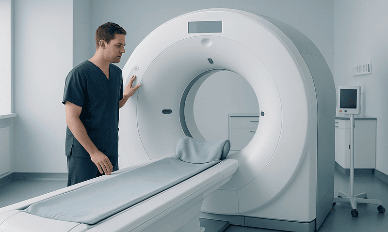 Medical technician prepares MRI machine in hospital setting.