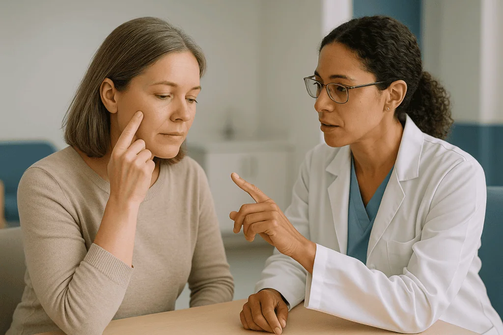 Doctor consulting with patient in clinical setting: Lumps after filler: technique bumps versus delayed nodules