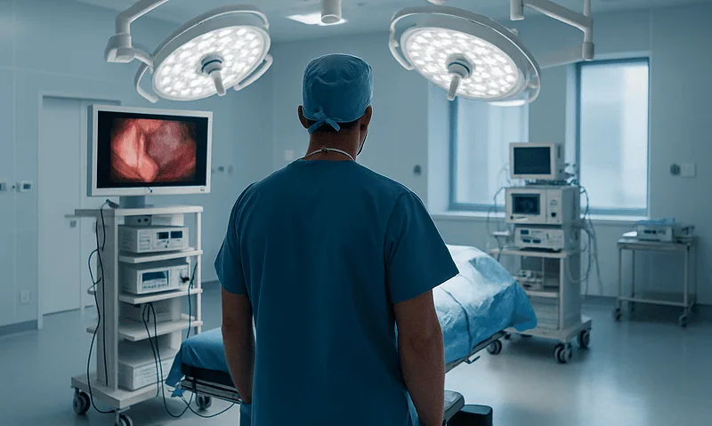 Surgeon in an operating room preparing for a procedure with advanced medical equipment.