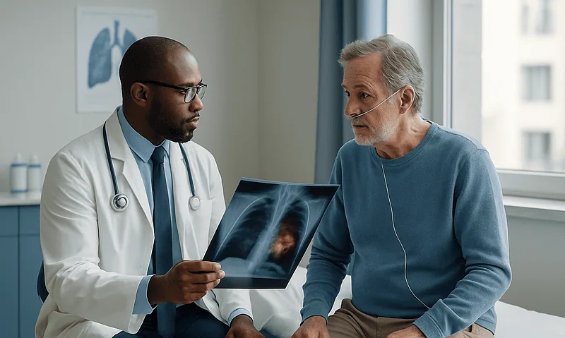 Doctor explaining lung X-ray to elderly patient in hospital room.