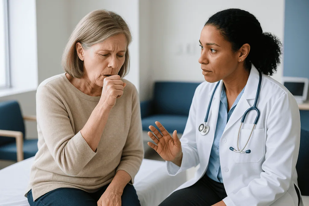 Doctor consulting with older female patient in clinical setting: Lung abscess recovery warning signs: what is normal and wha
