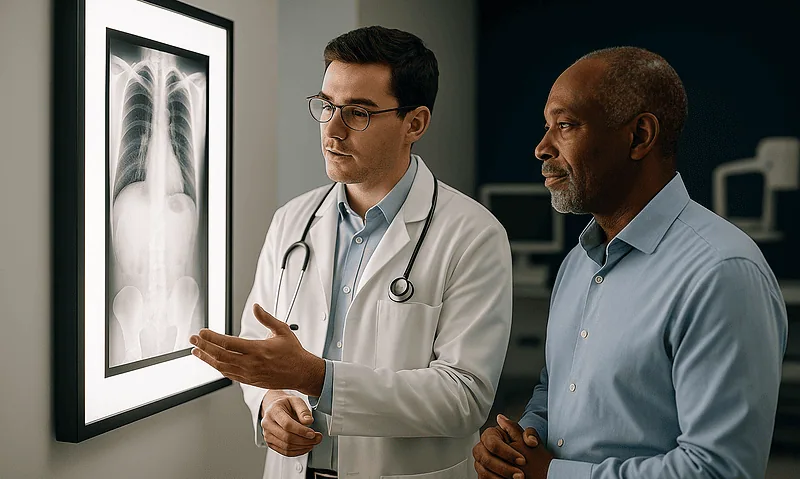 Doctor explaining lung X-ray to patient in a hospital setting.