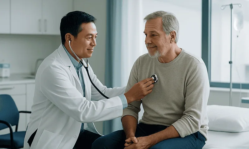 Doctor examining a patient with stethoscope in hospital room.