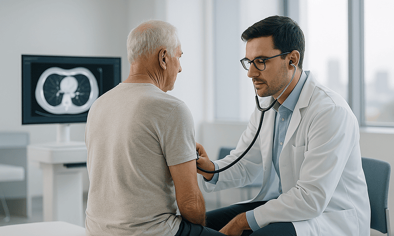 Doctor examining elderly patient with lung scan in background.