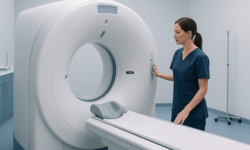 Medical professional prepares a CT scanner for lung screening.