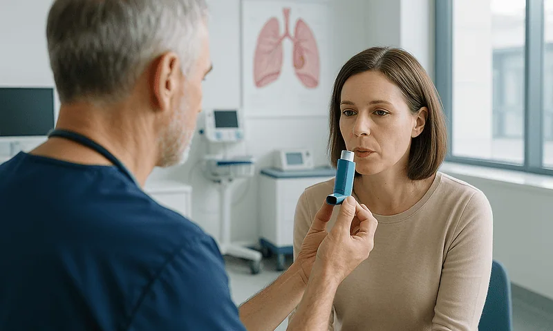 Doctor performs a lung examination on a patient in a medical clinic.