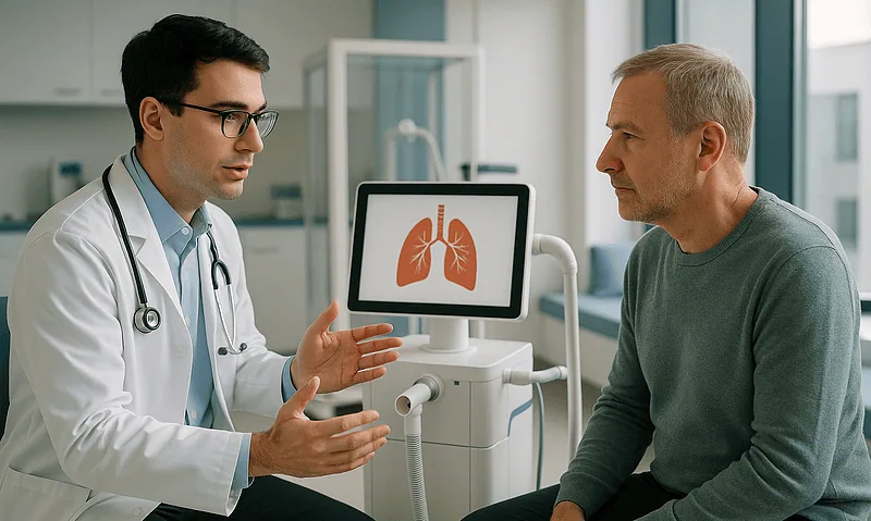 Doctor explaining lung health to patient in a hospital setting.