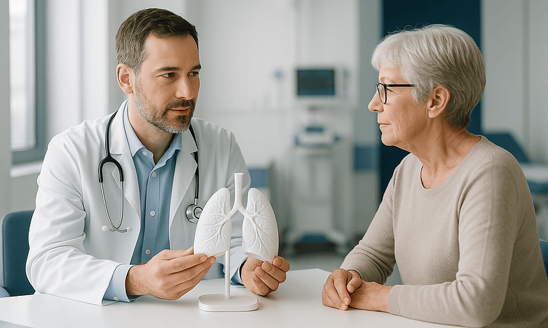 Doctor explaining lung model to elderly woman in medical consultation.