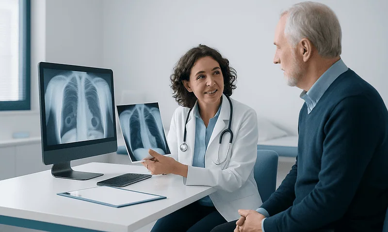 Doctor explaining lung X-ray to patient in a medical consultation.