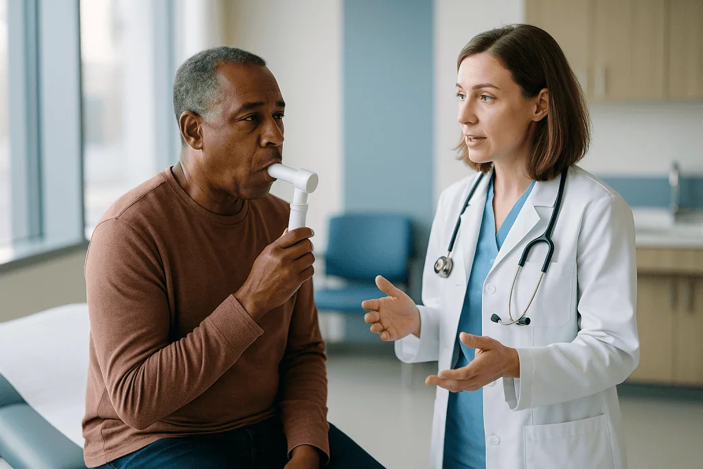 Doctor consulting patient with inhaler in clinical setting: Lung tests: hepatopulmonary syndrome and portopulmonary hyperten
