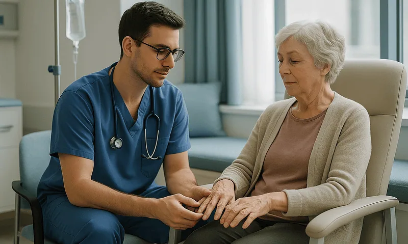 Healthcare professional consulting elderly patient in hospital room.