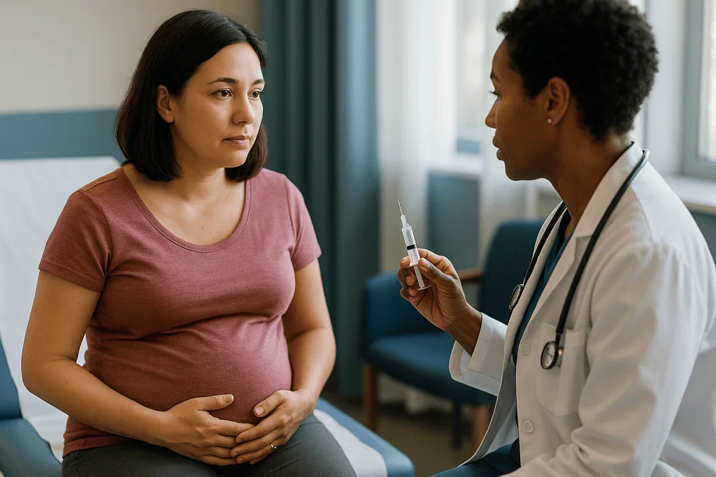 Pregnant woman consulting doctor about vaccination or injection: Lupus nephritis pregnancy and vaccines before treatment: wh