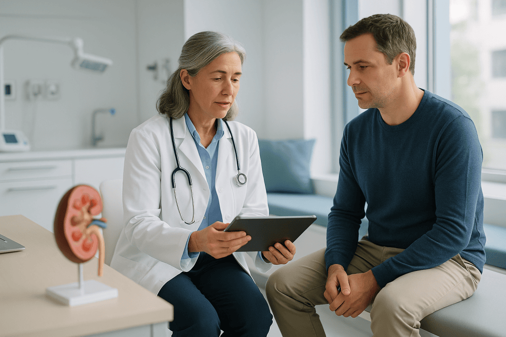 Lupus Nephritis Treatment 1 Doctor consulting with patient about lupus nephritis treatment options.