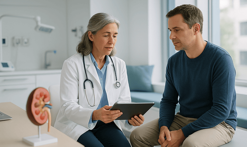 Doctor consulting with patient about lupus nephritis treatment options.