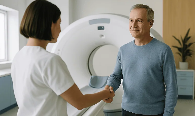 Patient and healthcare professional shaking hands in a medical imaging room.