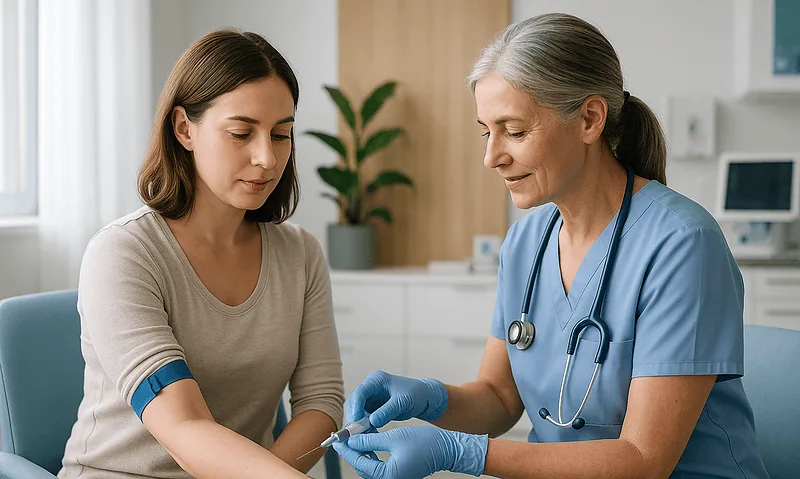 Nurse administering a blood test to a young woman in a medical clinic.